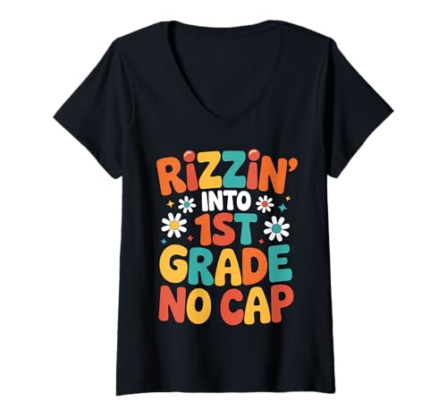 Damen 1. Klasse Back to School Rizzin Into 1. Klasse Jungen Mädchen T-Shirt mit V-Ausschnitt Damen 1. Klasse Back to School Rizzin Into 1. Klasse Jungen Mädchen T-Shirt mit V-Ausschnitt von 1st Grade Back to School Rizz Tees & Apaprel