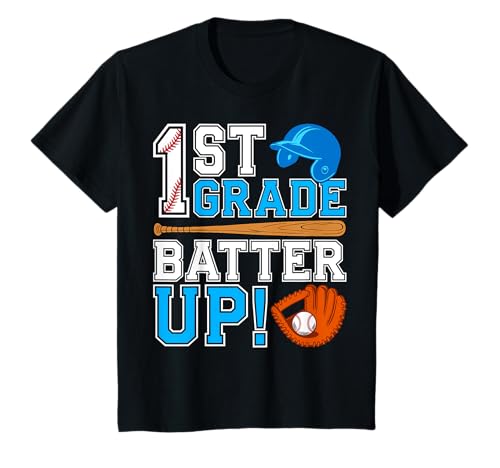 Kinder Zurück zur Schule, 1. Klasse, Batter Up Baseball am ersten Tag, Jungen T-Shirt von 1st Grade Batter Up Back To School Baseball Boys