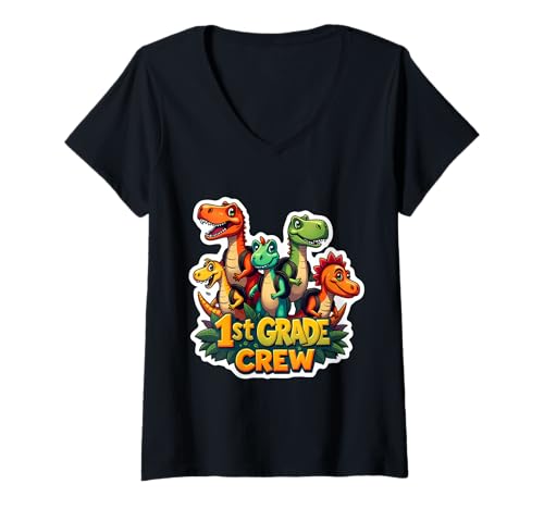 Damen 1st Grade Crew Dinosaurier Lover T-Rex Dino Back To School T-Shirt mit V-Ausschnitt von 1st Grade Crew Dinosaur Lover T-rex Dino Products