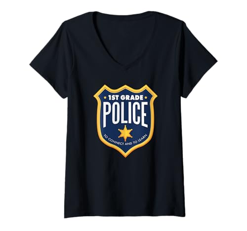 Damen Anstecker für den ersten Schultag 2025, Polizei der 1. Klasse T-Shirt mit V-Ausschnitt Damen Anstecker für den ersten Schultag 2025, Polizei der 1. Klasse T-Shirt mit V-Ausschnitt von 1st Grade First Day Of School Outfit For Boys