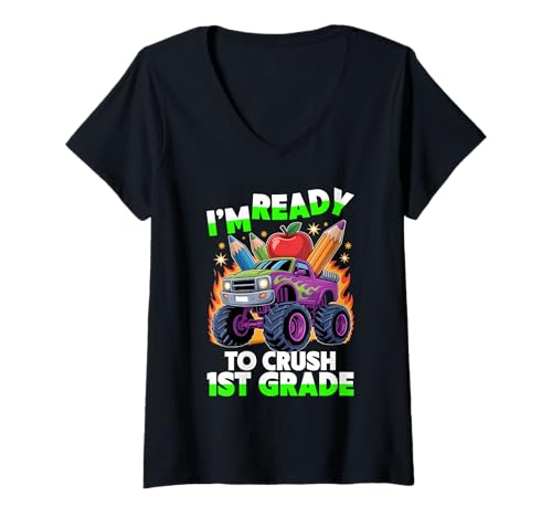 Damen Bereit, den Monster Truck vom Schulanfang der ersten Klasse zu vernichten T-Shirt mit V-Ausschnitt von 1st Grade Monster Truck Crush Crew 2025