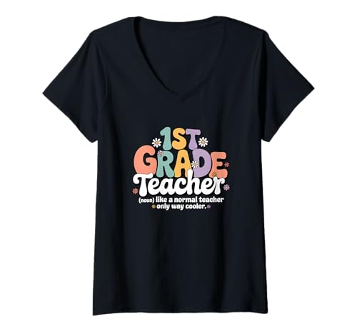 Damen Retro Groovy 1. Klasse Lehrer Grundschule Klassenzimmer Schule T-Shirt mit V-Ausschnitt Damen Retro Groovy 1. Klasse Lehrer Grundschule Klassenzimmer Schule T-Shirt mit V-Ausschnitt von 1st Grade Teacher Apparel for Women & Men
