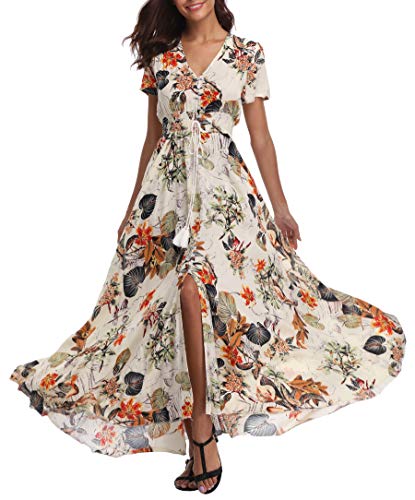 1stvital Damen Blumen Maxikleider Boho Sommer Strandkleid Kurzarm Button Up Split Partykleid, Floral C, XX-Large von 1stvital