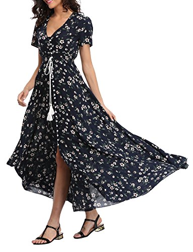 1stvital Damen Blumen Maxikleider Boho Sommer Strandkleid Kurzarm Button Up Split Partykleid, Marineblau & Blumen 02, XX-Large von 1stvital