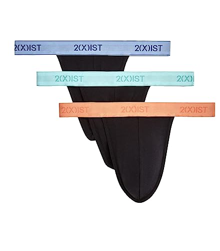 2(x)ist)IST Herren Essential Cotton 3er-Pack Y-Back Tanga, Schwarz-Aruba Blau/Blau Glocke/Pfirsich-Bund, Medium von 2(x)ist