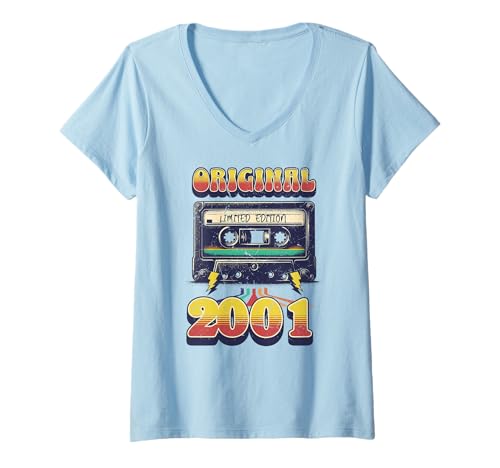 Damen 24.Geburtstag Retro Vintage Jahrgang 2001 Mann Frau T-Shirt mit V-Ausschnitt von 2001 Original 24 Jahre Herren Damen Deko