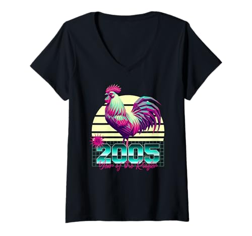 Damen 2005 Jahr des Hahns 80er Jahre Retro Vaporwave Chinesisches Sternzeichen T-Shirt mit V-Ausschnitt Damen 2005 Jahr des Hahns 80er Jahre Retro Vaporwave Chinesisches Sternzeichen T-Shirt mit V-Ausschnitt von 2005 Rooster Vaporwave 80s Retro Chinese Zodiac