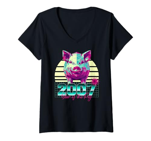 Damen 2007 Jahr des Schweins Geburtstag 80er Jahre Retro Chinesisches Sternzeichen T-Shirt mit V-Ausschnitt Damen 2007 Jahr des Schweins Geburtstag 80er Jahre Retro Chinesisches Sternzeichen T-Shirt mit V-Ausschnitt von 2007 Pig Vaporwave 80s Retro Sunset Chinese Zodiac