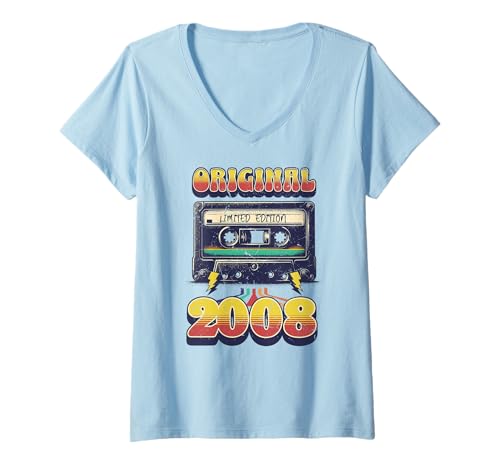 Damen 17.Geburtstag Retro Vintage Jahrgang 2008 Mann Frau T-Shirt mit V-Ausschnitt von 2008 Original 17 Jahre Herren Damen Deko