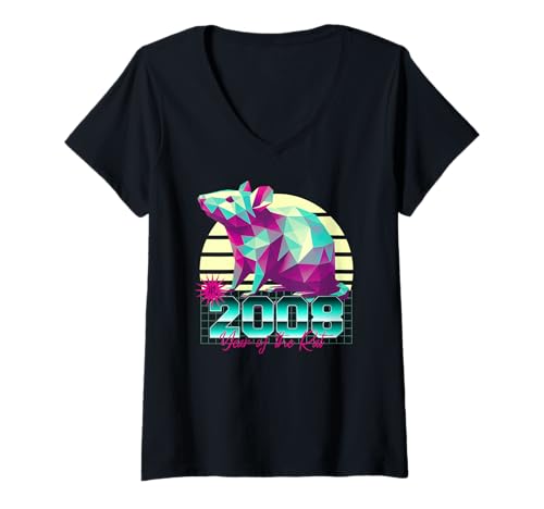 Damen 2008 Jahr der Ratte Geburtstag 80er Jahre Retro Chinesisches Sternzeichen T-Shirt mit V-Ausschnitt Damen 2008 Jahr der Ratte Geburtstag 80er Jahre Retro Chinesisches Sternzeichen T-Shirt mit V-Ausschnitt von 2008 Rat Vaporwave 80s Retro Sunset Chinese Zodiac
