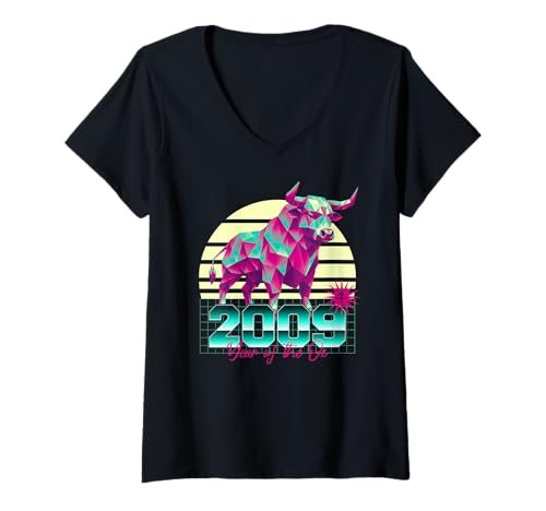 Damen 2009 Jahr des Ochsen Geburtstag 80er Retro Chinesisches Sternzeichen T-Shirt mit V-Ausschnitt Damen 2009 Jahr des Ochsen Geburtstag 80er Retro Chinesisches Sternzeichen T-Shirt mit V-Ausschnitt von 2009 Ox Vaporwave 80s Retro Sunset Chinese Zodiac