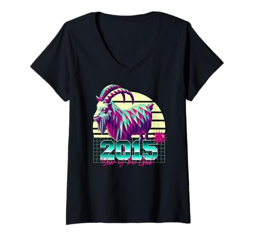 Damen 2015 Jahr der Ziege Geburtstag 80er Jahre Retro Chinesisches Sternzeichen T-Shirt mit V-Ausschnitt von 2015 Goat Vaporwave 80s Retro Chinese Zodiac Art