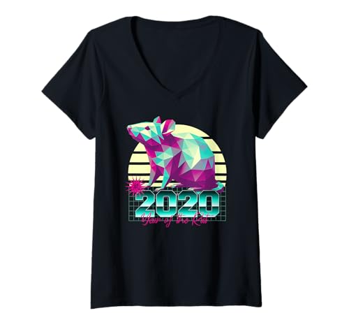 Damen Chinesisches Sternzeichen 2020 Jahr der Ratte 80er Jahre Retro Vaporwave T-Shirt mit V-Ausschnitt von 2020 Rat Vaporwave 80s Retro Sunset Chinese Zodiac