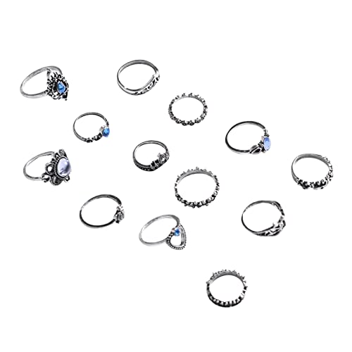 2022 13Stück Silber Retro Geschnitzte Kronenringe Set für Frauen Vintage-stapelförmige Fingerringe aus legierten Strass Skill Ringe (Silver, One Size) von 2022