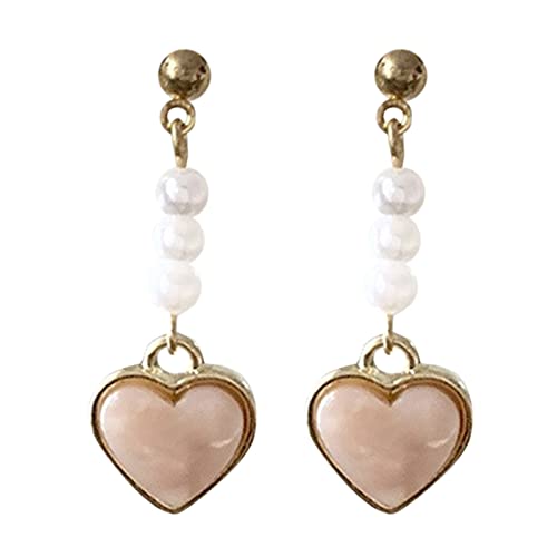 2022 Lange herzförmige Perlenohrringe sind frische und einfache Mode-Ohrringe weibliche süße Mädchen-Temperament-einfache Liebes-kreative Liebes-Ohrringe Mondstein Ohrringe (Pink, One Size) von 2022