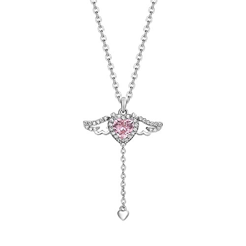 2022 Rosa Kristall Engelsflügel Herz Anhänger Halskette für Frau minimalistischen Schmuck Mädchen Halskette Elegante Strass Halskette Edelstahl Ketten Für Herren (Pink, One Size) von 2022