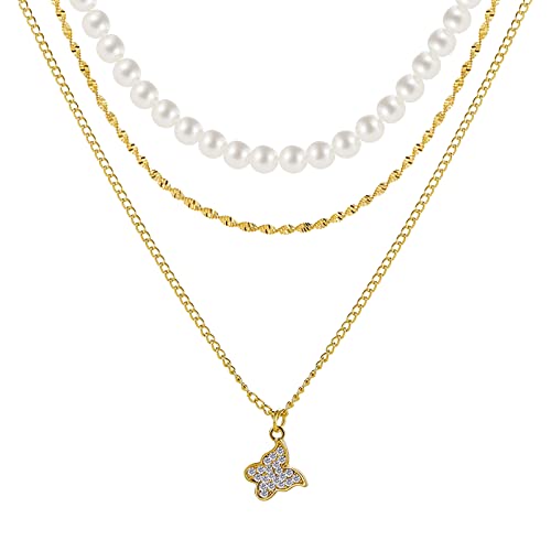 2022 Schmetterlings-Perlen-Dreischicht-Halskette für Frauen, Anhänger, Damen-Halsketten, Geburtstagsgeschenk für Mutter, Frauen, Ehefrau Ketten Halterung Fahrrad (Gold, One Size) von 2022