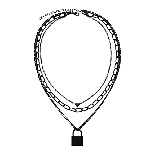2022 Schwarzes Metall DREI-Schicht-Punk-Halsketten-Mode-Anhänger-Frauen-Halskette Bunte Ketten Damen (Black, One Size) von 2022