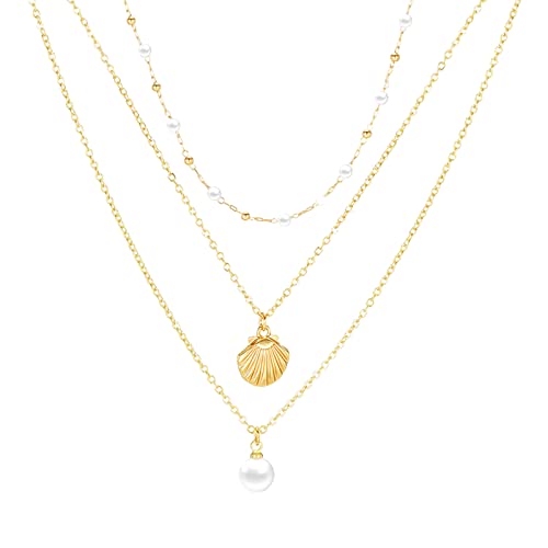 2022 Shell-Anhänger goldene Halskette dreischichtige Halskette goldene Halskette personalisierte Halskette für Mädchen Kleidung Matchable Halskette Damen Ketten Edelstahl (Color, One Size) von 2022