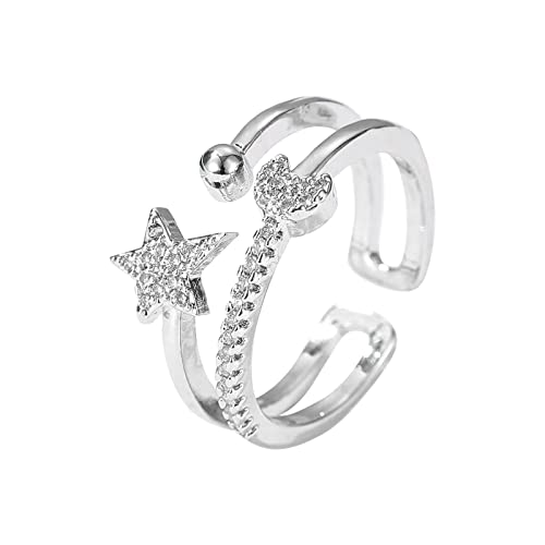 2022 Stern und Mond Ring mit Diamanten für Frauen Modeschmuck beliebte Accessoires Ringelstrumpfhose Schwarz (Silver, One Size) von 2022