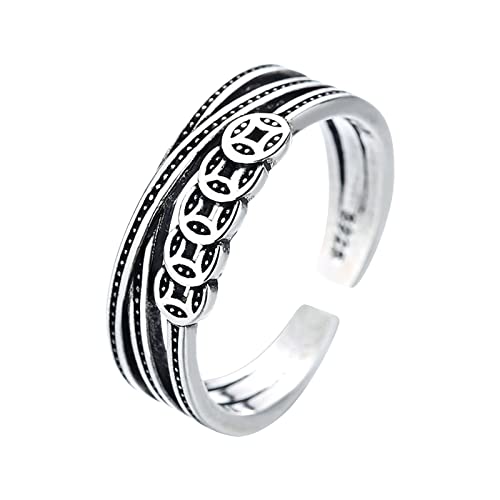 2022 Vintage-Stil Metall offener Ring Männer Frauen Double Line Ring Vintage Ring Ringe Mit Kette Verbunden 925 Silber (Silver, One Size) von 2022