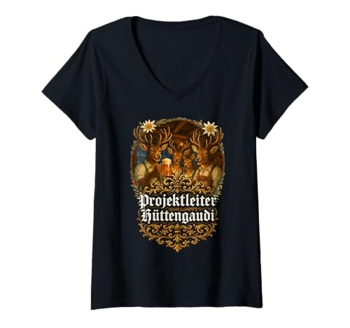 Damen Après Ski Party Projektleiter Hüttengaudi T-Shirt mit V-Ausschnitt von 2025 Après Ski Opening Merch