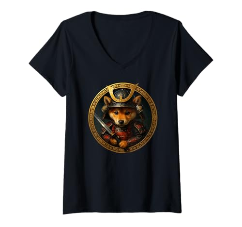 Damen Shiba Inu niedlicher Welpe als Samurai in Rüstung T-Shirt mit V-Ausschnitt Damen Shiba Inu niedlicher Welpe als Samurai in Rüstung T-Shirt mit V-Ausschnitt von 2025 Shiba Inu & Japan Fan Designs
