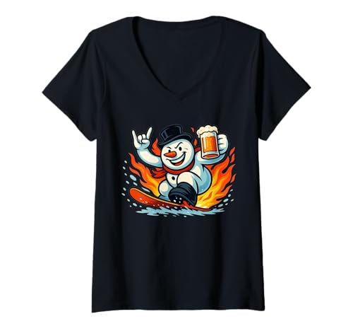 Damen Après Ski Schneemann mit Bier auf Snowboard T-Shirt mit V-Ausschnitt Damen Après Ski Schneemann mit Bier auf Snowboard T-Shirt mit V-Ausschnitt von 2025 Ski Season Opening Merch
