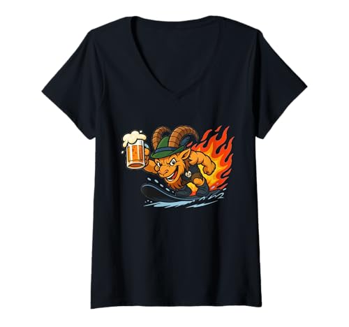 Damen Gamsbock mit Mass Bier auf Snowboard Après Ski T-Shirt mit V-Ausschnitt Damen Gamsbock mit Mass Bier auf Snowboard Après Ski T-Shirt mit V-Ausschnitt von 2025 Ski Season Opening Merch