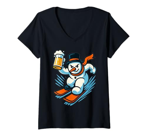 Damen Kawaii Schneemann auf Skiern mit Glas Bier T-Shirt mit V-Ausschnitt Damen Kawaii Schneemann auf Skiern mit Glas Bier T-Shirt mit V-Ausschnitt von 2025 Ski Season Opening Merch