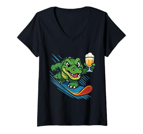 Damen Krokodil mit Bombardino auf Snowboard T-Shirt mit V-Ausschnitt Damen Krokodil mit Bombardino auf Snowboard T-Shirt mit V-Ausschnitt von 2025 Ski Season Opening Merch