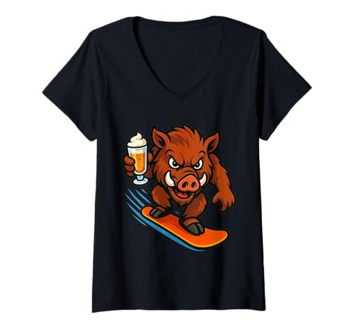 Damen Rasende Wildsau auf Snowboard mit Glas Bombardino T-Shirt mit V-Ausschnitt Damen Rasende Wildsau auf Snowboard mit Glas Bombardino T-Shirt mit V-Ausschnitt von 2025 Ski Season Opening Merch