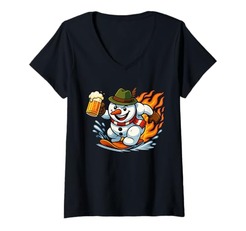 Damen Schneemann aus Bayern mit Snowboard und Mass Bier Après Ski T-Shirt mit V-Ausschnitt Damen Schneemann aus Bayern mit Snowboard und Mass Bier Après Ski T-Shirt mit V-Ausschnitt von 2025 Ski Season Opening Merch