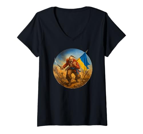 Damen Ukraine Design ukrainischer Kosake mit Säbel und Landesfahne T-Shirt mit V-Ausschnitt von 2025 Ukraine Solidarity Merch