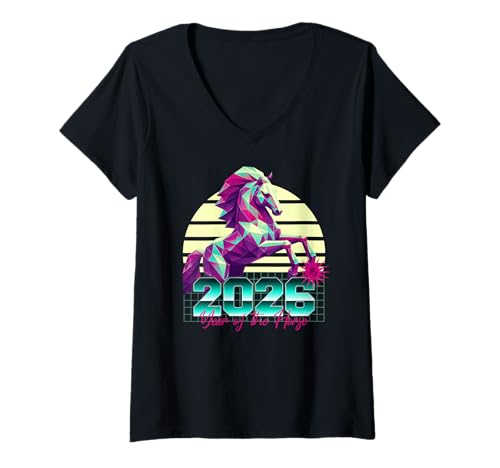 Damen 2026 Jahr des Pferdes 80er Jahre Retro Chinesisches Sternzeichen T-Shirt mit V-Ausschnitt Damen 2026 Jahr des Pferdes 80er Jahre Retro Chinesisches Sternzeichen T-Shirt mit V-Ausschnitt von 2026 Horse Vaporwave 80s Retro Chinese Zodiac