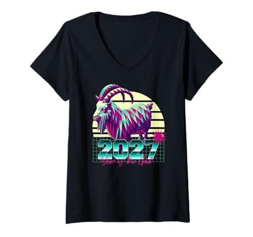 Damen 2027 Jahr der Ziege 80er Jahre Retro Vaporwave Chinesisches Sternzeichen T-Shirt mit V-Ausschnitt Damen 2027 Jahr der Ziege 80er Jahre Retro Vaporwave Chinesisches Sternzeichen T-Shirt mit V-Ausschnitt von 2027 Goat Vaporwave 80s Retro Chinese Zodiac Art