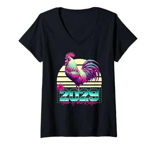 Damen 2029 Jahr des Hahns 80er Jahre Retro Vaporwave Chinesisches Sternzeichen T-Shirt mit V-Ausschnitt von 2029 Rooster Vaporwave 80s Retro Chinese Zodiac