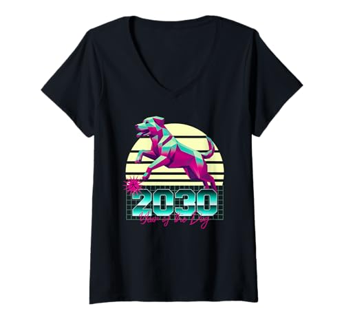 Damen 2030 Jahr des Hundes 80er Jahre Retro Vaporwave Chinesisches Sternzeichen T-Shirt mit V-Ausschnitt Damen 2030 Jahr des Hundes 80er Jahre Retro Vaporwave Chinesisches Sternzeichen T-Shirt mit V-Ausschnitt von 2030 Dog Vaporwave 80s Retro Sunset Chinese Zodiac