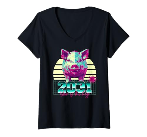 Damen 2031 Jahr des Schweins Vaporwave 80er Retro Chinesisches Sternzeichen T-Shirt mit V-Ausschnitt Damen 2031 Jahr des Schweins Vaporwave 80er Retro Chinesisches Sternzeichen T-Shirt mit V-Ausschnitt von 2031 Pig Vaporwave 80s Retro Sunset Chinese Zodiac