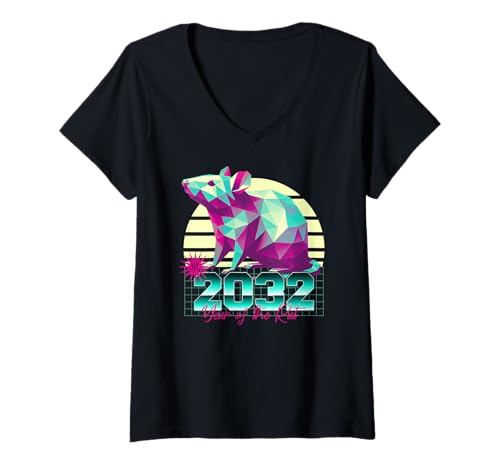 Damen Chinesisches Sternzeichen 2032 Jahr der Ratte 80er Jahre Retro Vaporwave T-Shirt mit V-Ausschnitt Damen Chinesisches Sternzeichen 2032 Jahr der Ratte 80er Jahre Retro Vaporwave T-Shirt mit V-Ausschnitt von 2032 Rat Vaporwave 80s Retro Sunset Chinese Zodiac