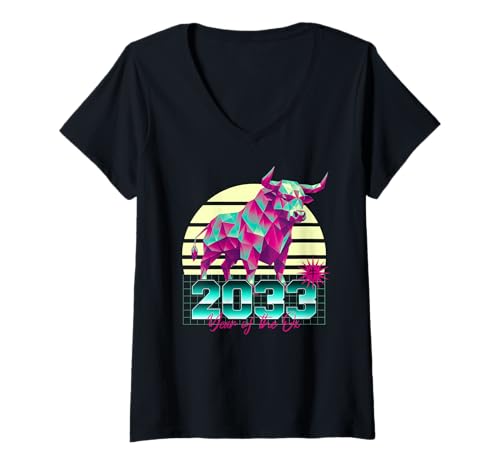 Damen 2033 Jahr des Ochsen 80er Retro Vaporwave Chinesisches Sternzeichen T-Shirt mit V-Ausschnitt von 2033 Ox Vaporwave 80s Retro Sunset Chinese Zodiac