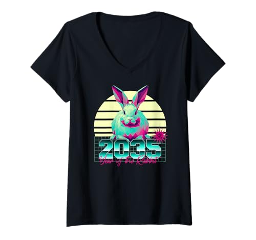 Damen 2035 Jahr des Kaninchens 80er Jahre Retro Vaporwave Chinesisches Sternzeichen T-Shirt mit V-Ausschnitt von 2035 Rabbit Vaporwave 80s Retro Chinese Zodiac