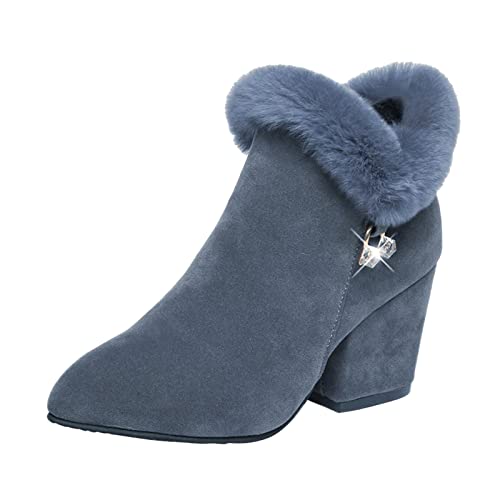 205 Winter 32 Mädchen Damenmode Strass einfarbig warme Spitze Zehe Dicke High Heel Kurze Stiefel Schuhe Damen 42 (Grey, 39) von 205