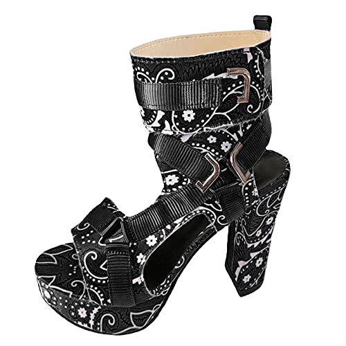 Damenschuhe Slip-On Sandalen Lässige Atmungsaktive High Paisley Damenmode Schuhe Print Heels Damen High Heels Ausgefallene Schuhe Damen Boots (Black, 39) von 205