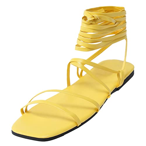 Netz Schuhe Damen Damenmode Sommer Einfarbig Open Toe Ring Strap Flache Strandsandalen La Trainer Damenschuhe (Yellow, 40) von 205
