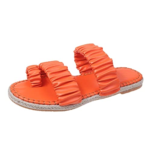 Schuhe Extra Weit Damen Mode Sommer Damen Hausschuhe flach einfarbig Leinensohle plissiert Set Toe bequem lässig Damen Tracht Schuhe (Orange, 39) von 205