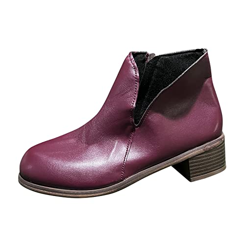 Schwarz Leder Damen Absatz Damen Einfarbig Leder Seitlicher Reißverschluss Vintage Chunky Heel Mode Kurze Stiefel Damen Schuhe Schwarz Sneaker Glitzer (Purple, 40) von 205