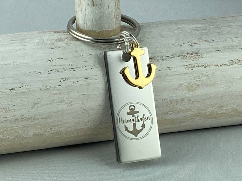 Schlüsselanhänger Aus Edelstahl Mit Gravur "Heimathafen" Und Ankeranhänger Goldfarben von 20glueckSMomente18