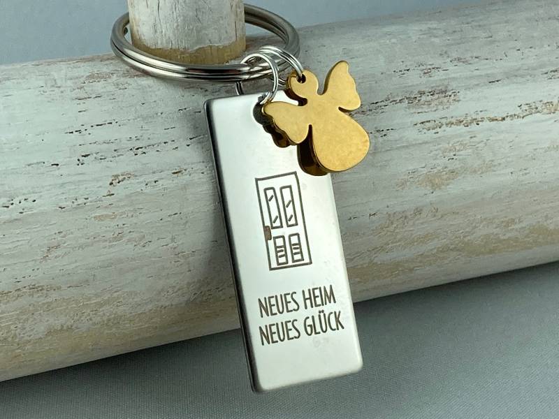 Schlüsselanhänger Aus Edelstahl Mit Gravur "Neues Heim Neues Glück" Und Schutzengelanhänger Goldfarben, Weihnachten, Umzug, Einweihung von 20glueckSMomente18