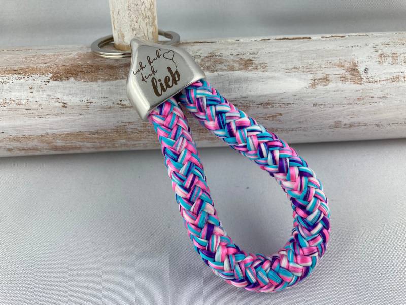 Schlüsselanhänger Aus Segelseil Mit Versilberter Endkappe Gravur "Ich Hab' Dich Lieb", Rosa-Lila-Hellblau, Weihnachten, Geburtstag von 20glueckSMomente18